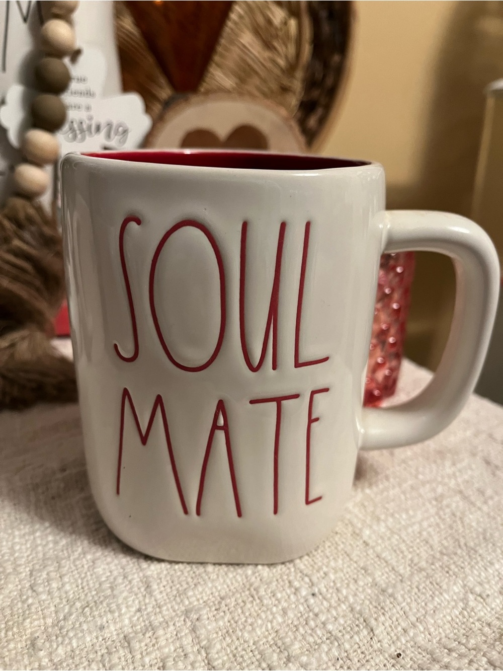 Rae Dunn White Ceramic Mug with Red Lettering and Red Interior